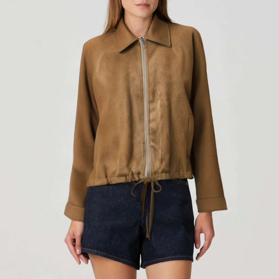 Elegant brown lapel zipper women's jacket