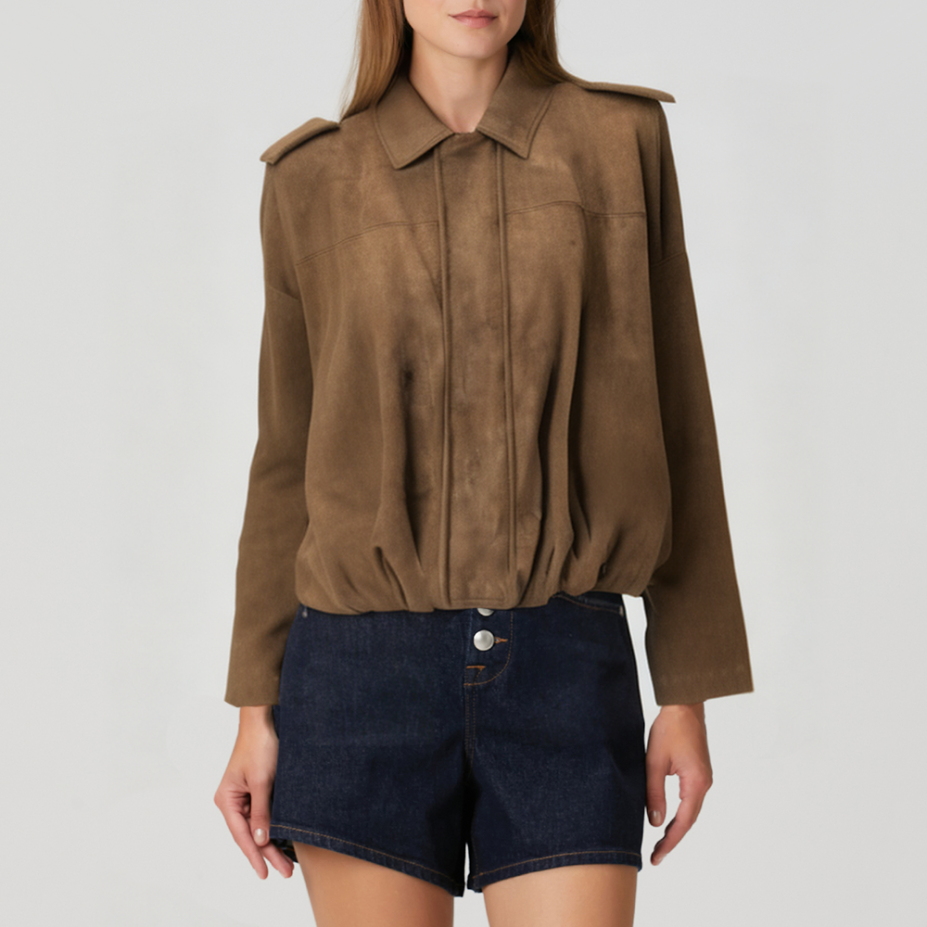 Vintage brown lapel zipper women's jacket