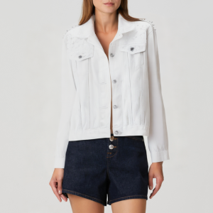 Pearl-embellished white women's denim jacket