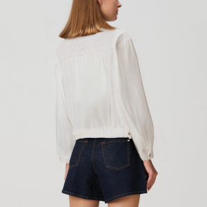 Pearl-embellished white women's denim jacket