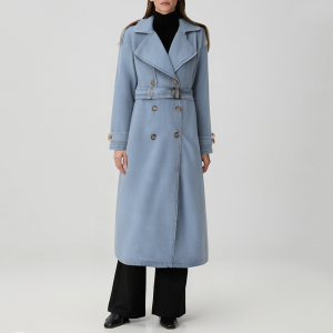 Blue double-breasted women's denim trench coat