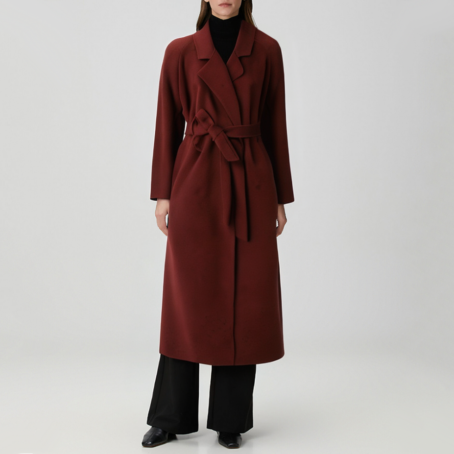 Elegant notched collar tie-waist women's trench coat
