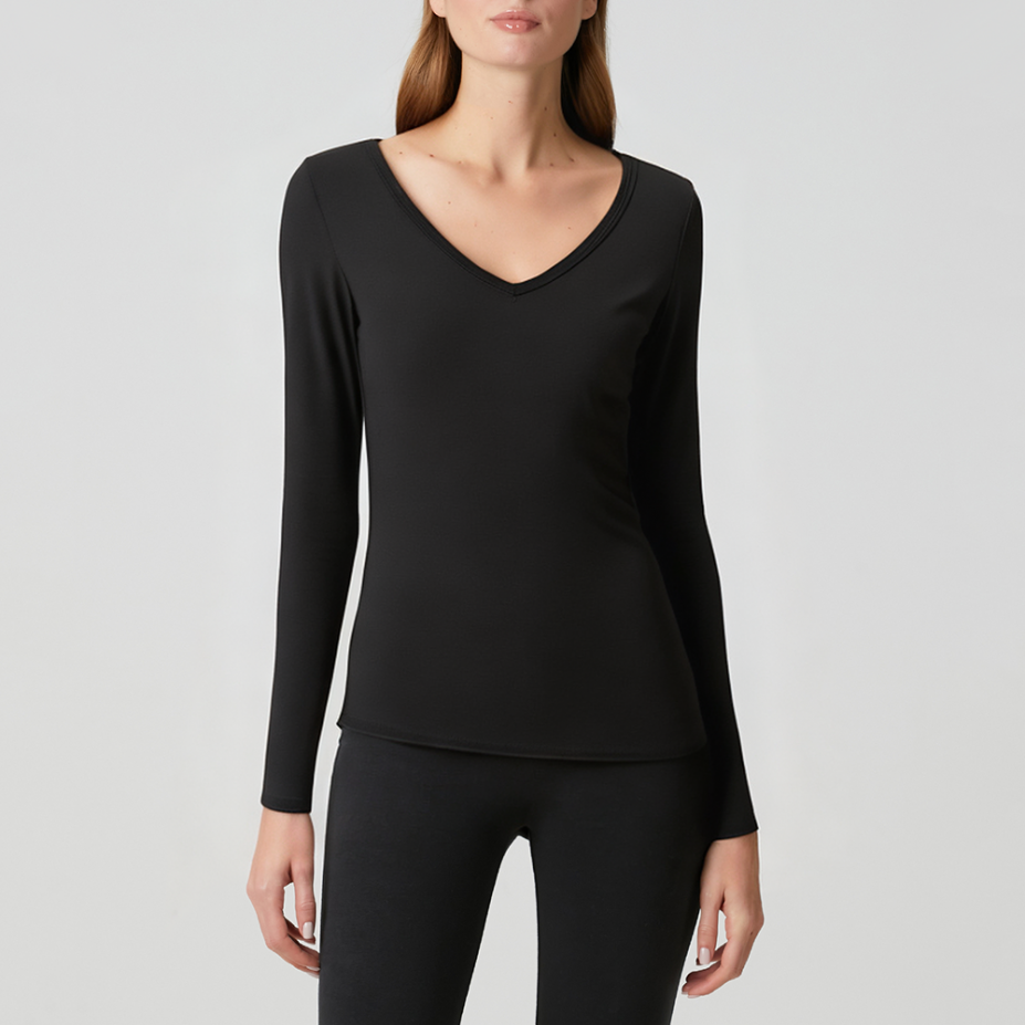 Black V-neck slim fit women's long sleeves